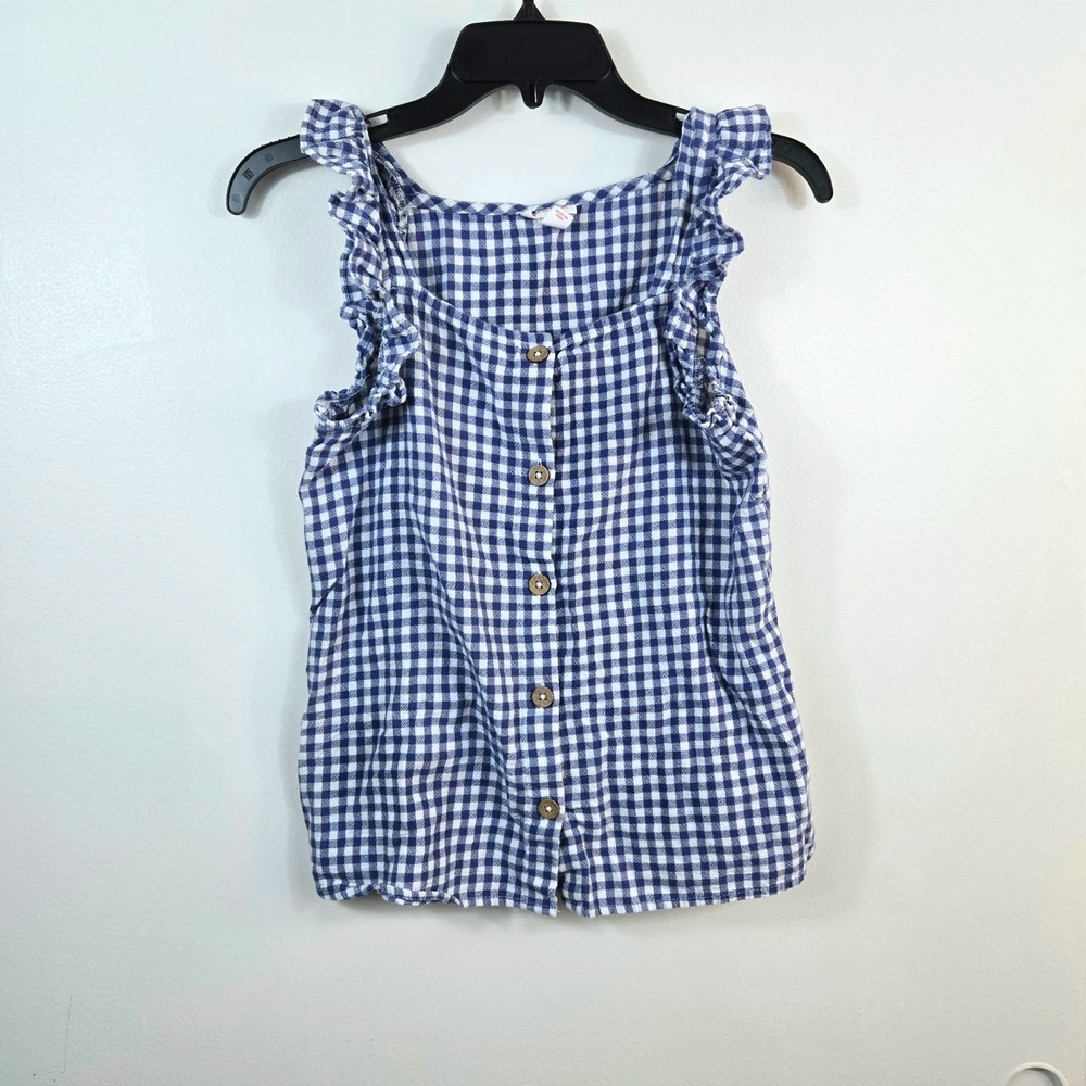Cat & Jack‎ Girls Blue Gingham Sleeveless Ruffle Strap Button Blouse XL Coastal